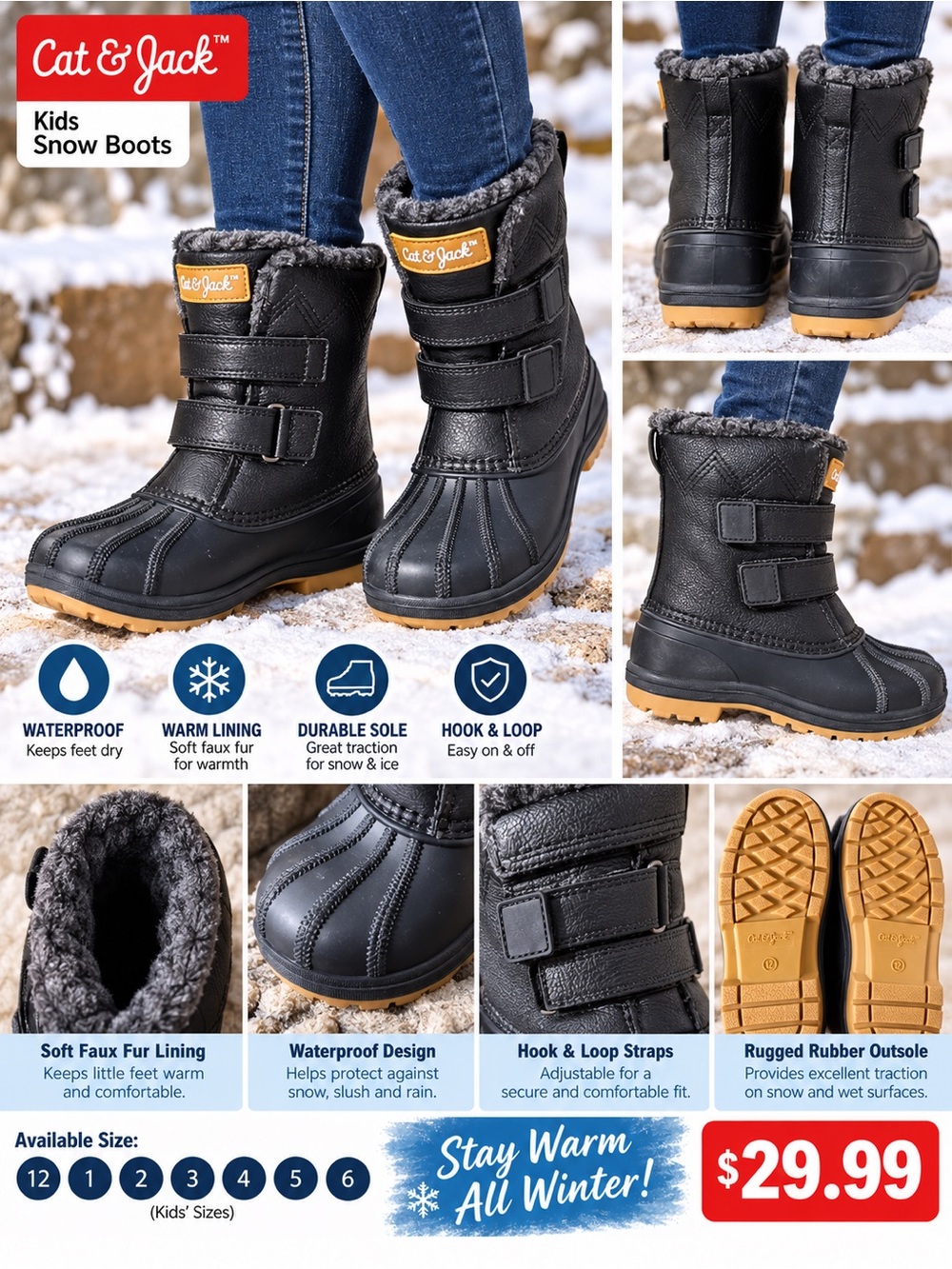 Cat & Jack Black Kids Snow Boots with Tan Outsole and Grey Faux Fur